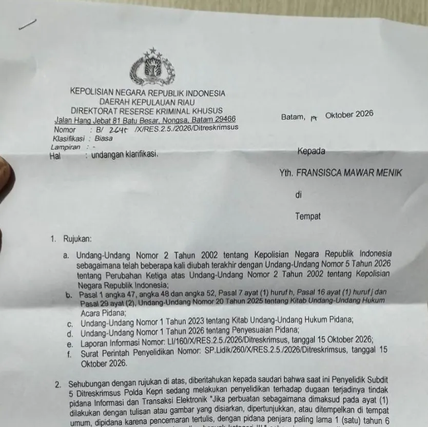 Kritik Blackout Batam, Fransisca Digedor Tengah Malam Diduga Singgung Dirut PLN Batam